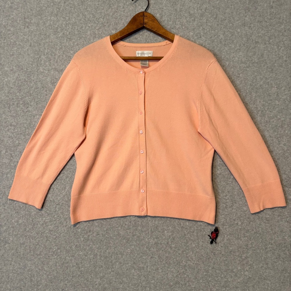 Worthington Women's Large Button Front Cardigan Sweater 3/4‎ Sleeve Peach Pink